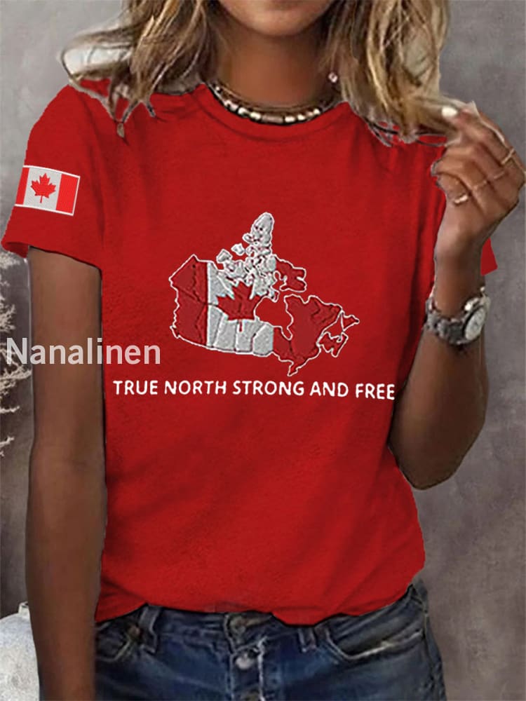 Women’s True North Strong And Free Canadian Flag Print Casual Tee Red / S