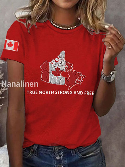 Women’s True North Strong And Free Canadian Flag Print Casual Tee Red / S