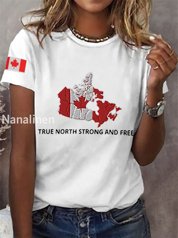 Women’s True North Strong And Free Canadian Flag Print Casual Tee White / S