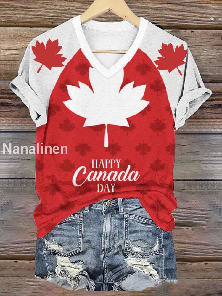 Women’s V-neck Happy Canada Day Canadian Maple Leaf Print Casual T-shirt Red / S