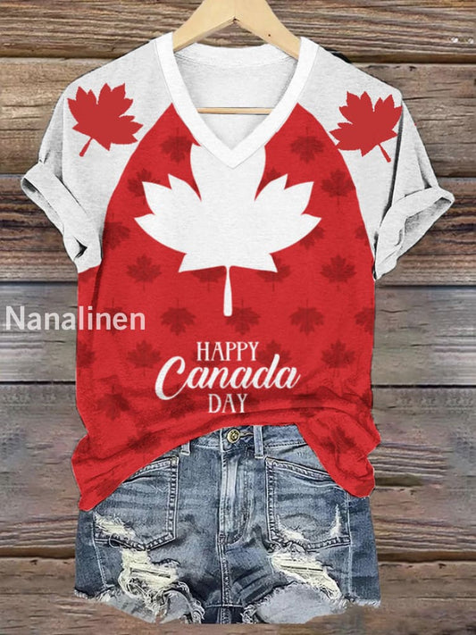 Women’s V-neck Happy Canada Day Canadian Maple Leaf Print Casual T-shirt Red / S