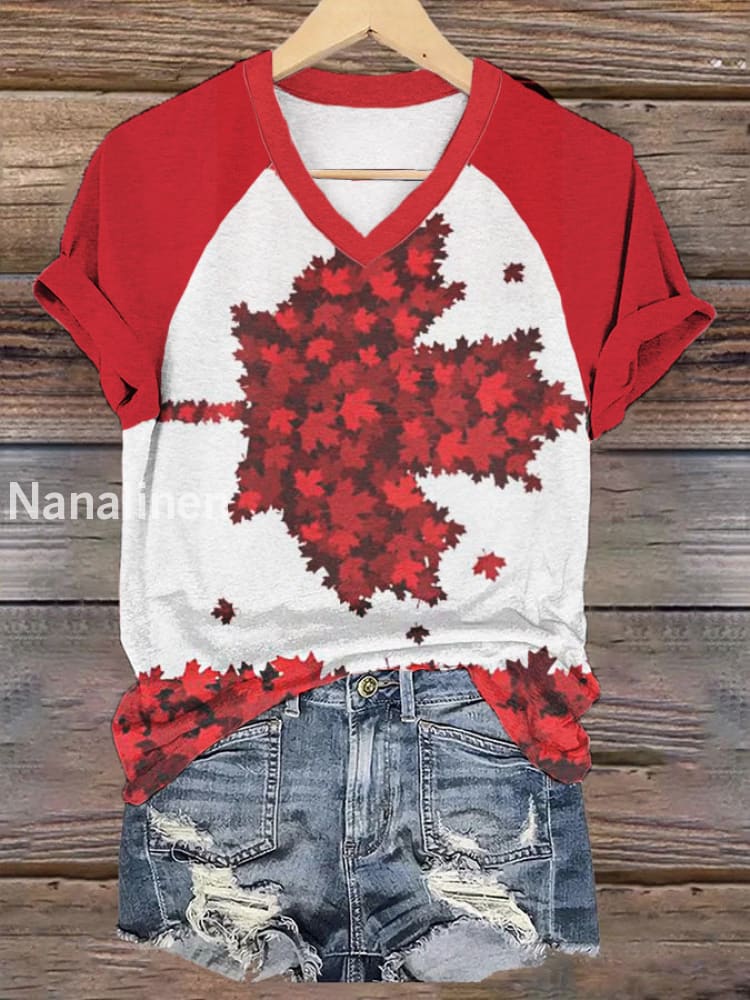 Women’s V-neck Happy Canada Day Canadian Maple Leaf Print Casual T-shirt Red / S