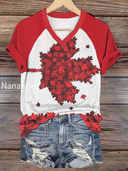Women’s V-neck Happy Canada Day Canadian Maple Leaf Print Casual T-shirt Red / S