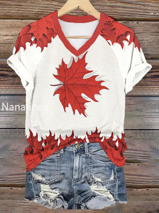 Women’s V-neck Happy Canada Day Canadian Maple Leaf Print Casual T-shirt Red / S