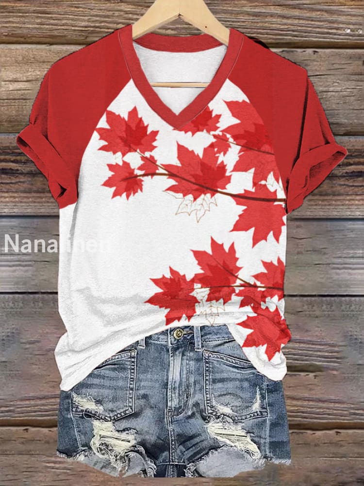 Women’s V-neck Happy Canada Day Canadian Maple Leaf Print Casual T-shirt Red / S