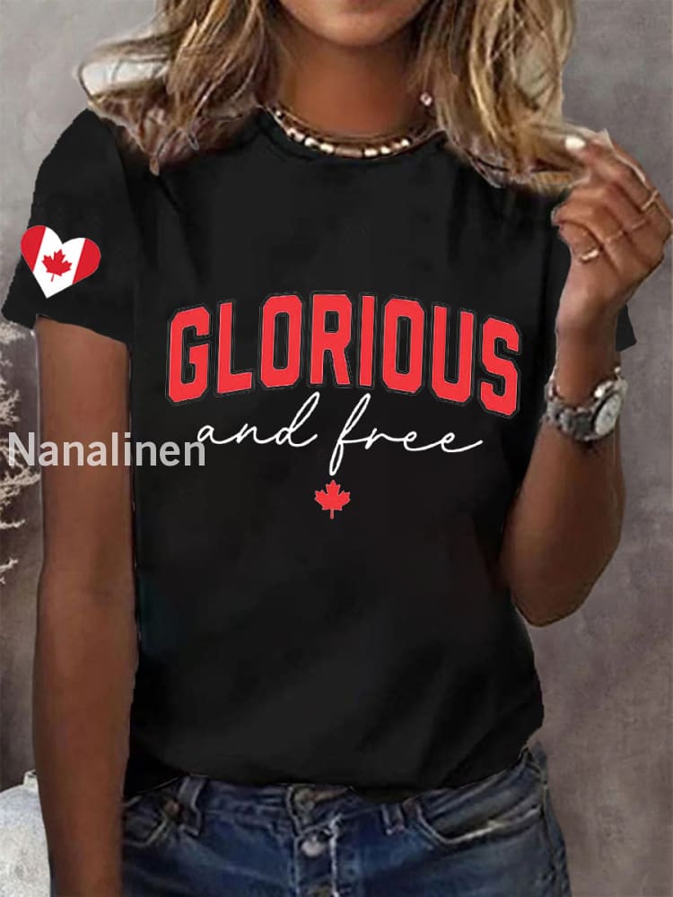 Women’s V-neck Retro Canada Glorious And Free Maple Leaf Print T-Shirt Black / S