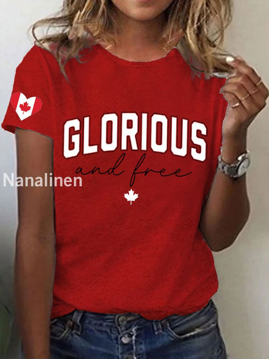 Women’s V-neck Retro Canada Glorious And Free Maple Leaf Print T-Shirt Red / S