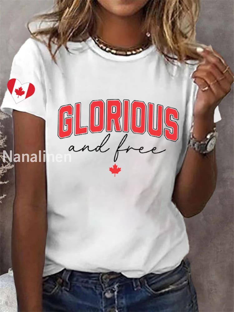 Women’s V-neck Retro Canada Glorious And Free Maple Leaf Print T-Shirt White / S