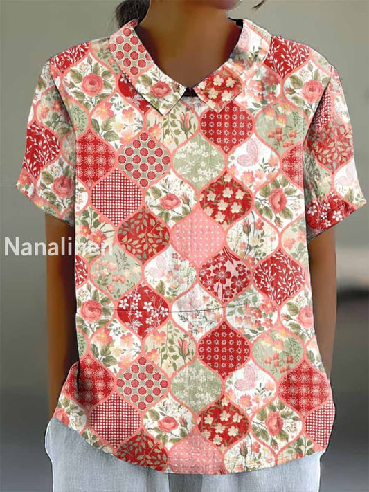 Women’s Vintage Abstract Art Print Cotton Casual Short Sleeve Shirt Colorful / S