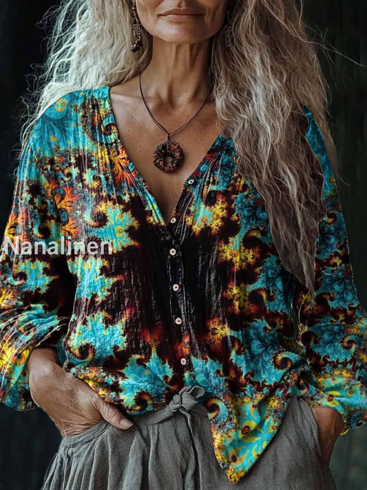 Women’s Vintage Abstract Art Print V-Neck Casual Cotton And Linen Shirt Colorful / S