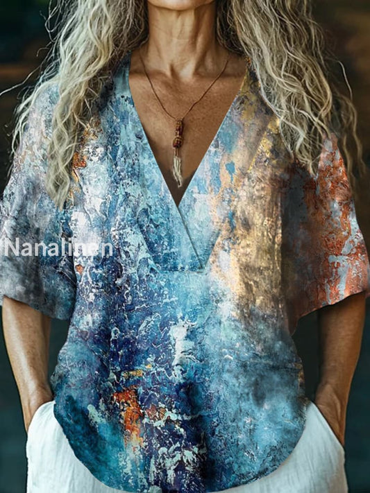Women’s Vintage Abstract Art Print V-Neck Casual Cotton And Linen Top Colorful / S