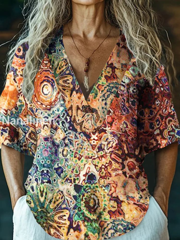 Women’s Vintage Abstract Art Print V-Neck Casual Cotton And Linen Top Colorful / S