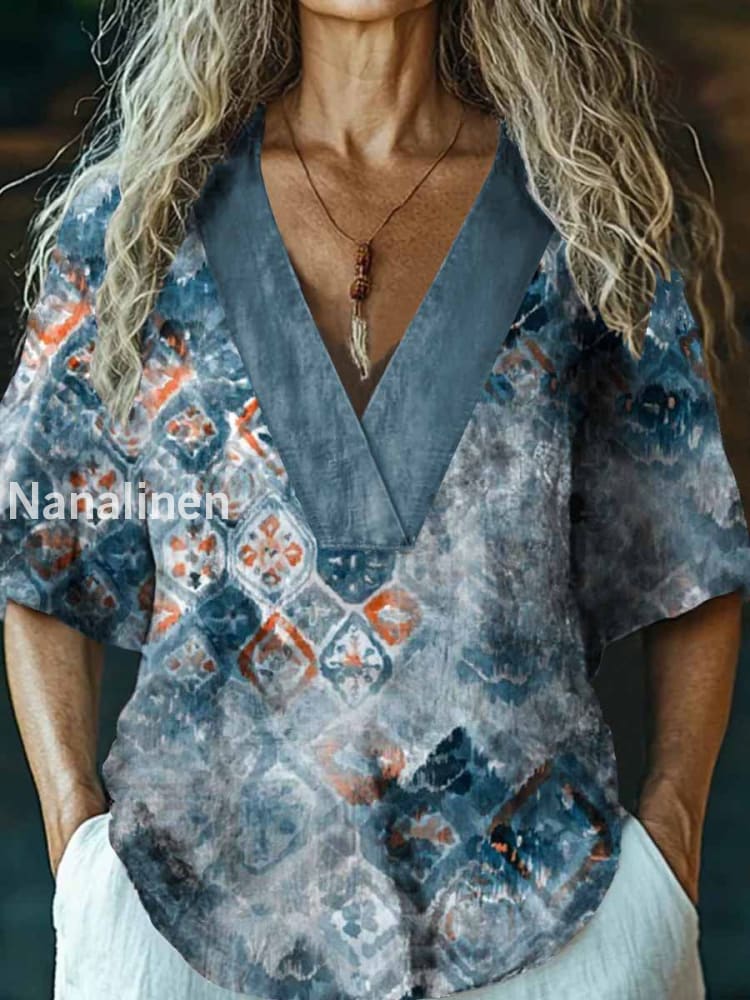 Women’s Vintage Abstract Ethnic Geometric Printed V-Neck Casual Cotton And Linen Top Colorful / S