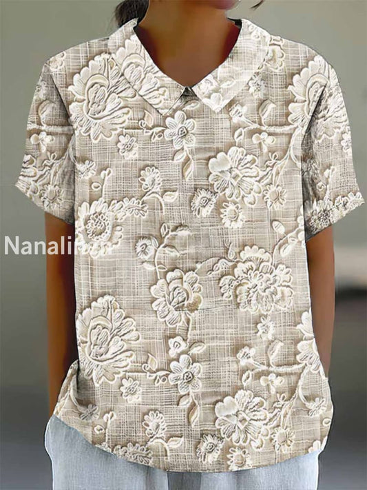 Women’s Vintage Abstract Lace Art Print Cotton Casual Short Sleeve Shirt Colorful / S