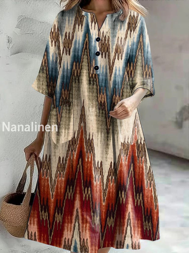 Women’s Vintage Abstract Print Casual V-Neck Midi Sleeve Button Dress Colorful / S