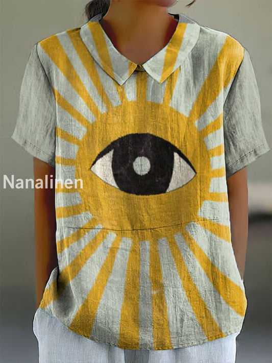 Women’s Vintage All-Seeing Eye Print Doll Collar Cotton Casual Shirt Colorful / S
