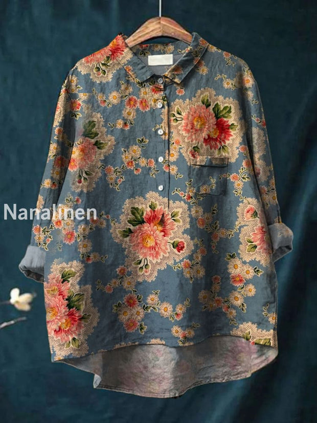 Women’s Vintage Art Print Casual Cotton and Linen Round Neck Button Pocket Mid-Length Sleeve Shirt Tops A / S