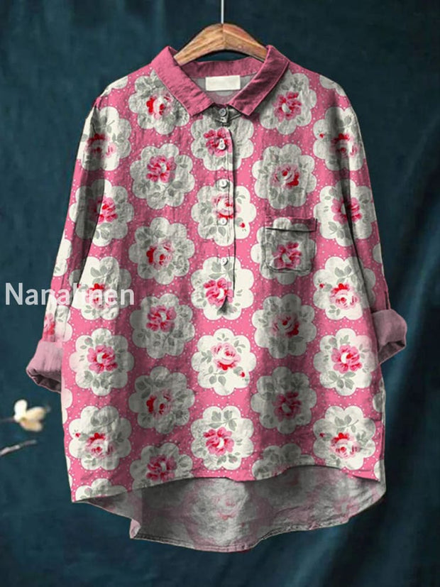 Women’s Vintage Art Print Casual Cotton and Linen Round Neck Button Pocket Mid-Length Sleeve Shirt Tops A / S