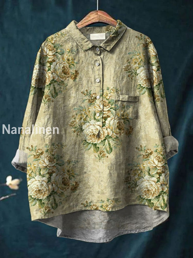 Women’s Vintage Art Print Casual Cotton and Linen Round Neck Button Pocket Mid-Length Sleeve Shirt Tops A / S