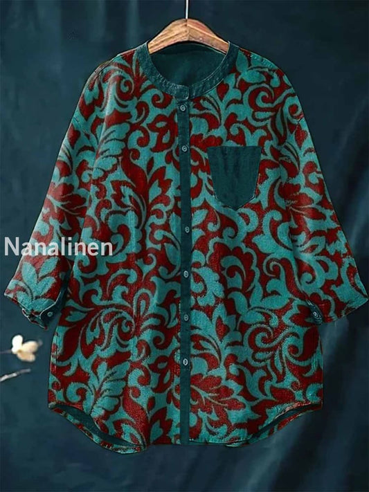 Women’s Vintage Art Print Casual Cotton Linen Round Neck Top Colorful / S