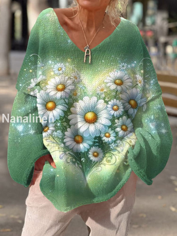 Women’s Vintage Art Print Chic V Neck Casual Sweater Pullover A / S