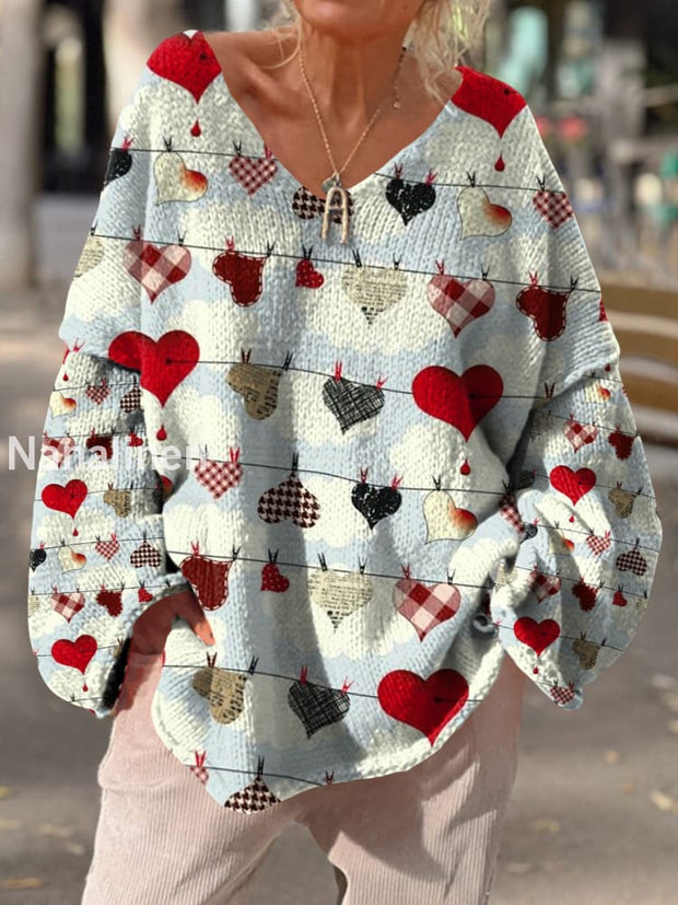 Women’s Vintage Art Print Chic V Neck Casual Sweater Pullover A / S