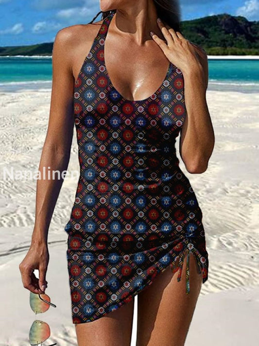 Women’s Vintage Art Print Pleated V-Neck Casual Swimsuit A / S