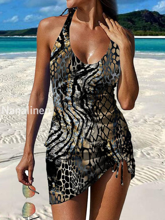 Women’s Vintage Art Print Pleated V-Neck Casual Swimsuit A / S