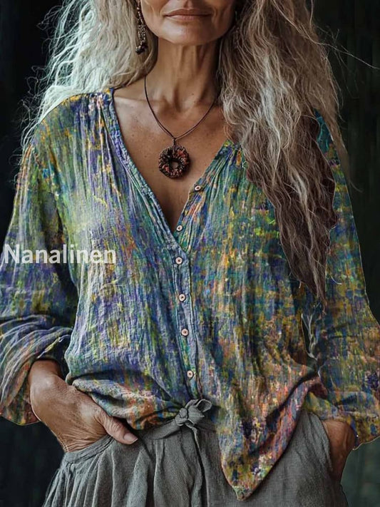 Women’s Vintage Art Print V-Neck Casual Cotton And Linen Shirt Colorful / S