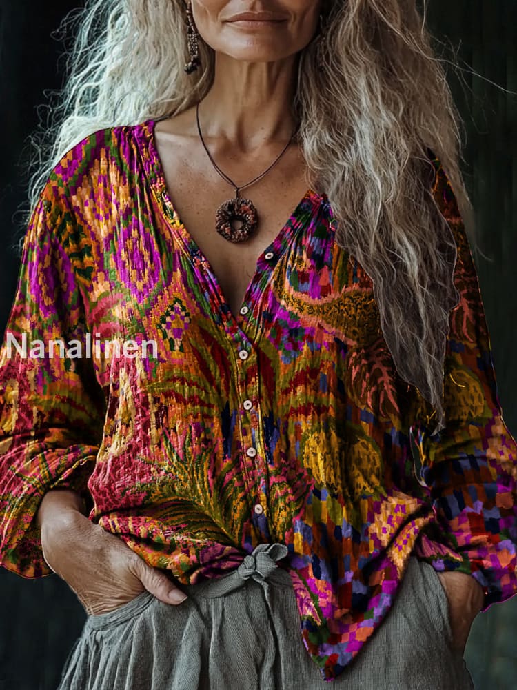 Women’s Vintage Art Print V-Neck Casual Cotton And Linen Shirt Colorful / S
