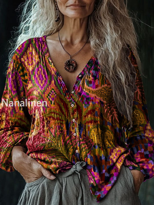 Women’s Vintage Art Print V-Neck Casual Cotton And Linen Shirt Colorful / S