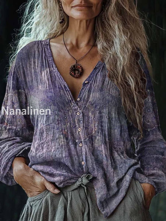 Women’s Vintage Art Print V-Neck Casual Cotton And Linen Shirt Purple / S