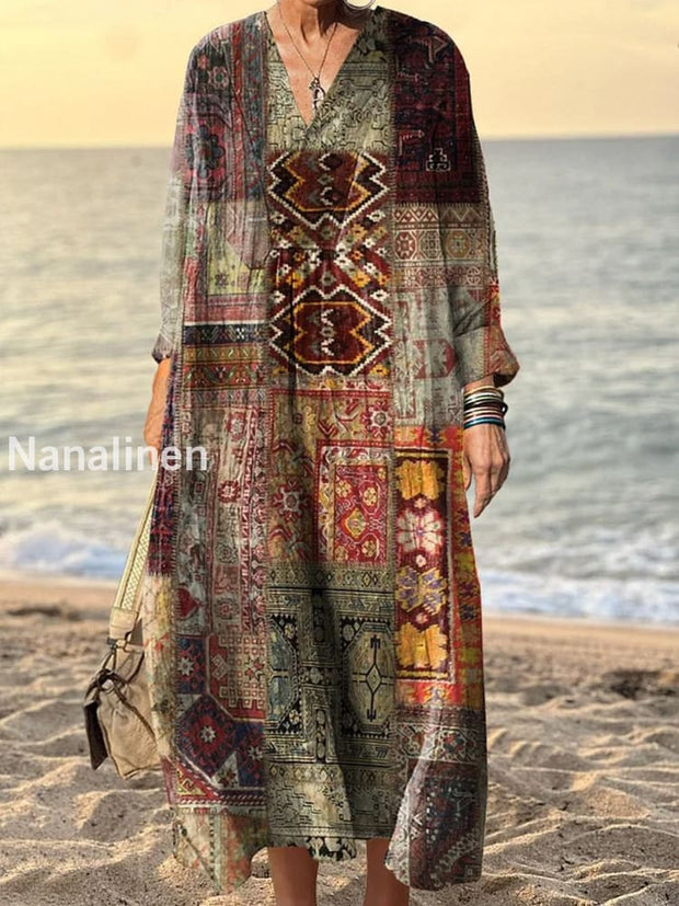 Women’s Vintage Art Print V-Neck Three-Quarter Sleeves Elegant Long Dress A / S