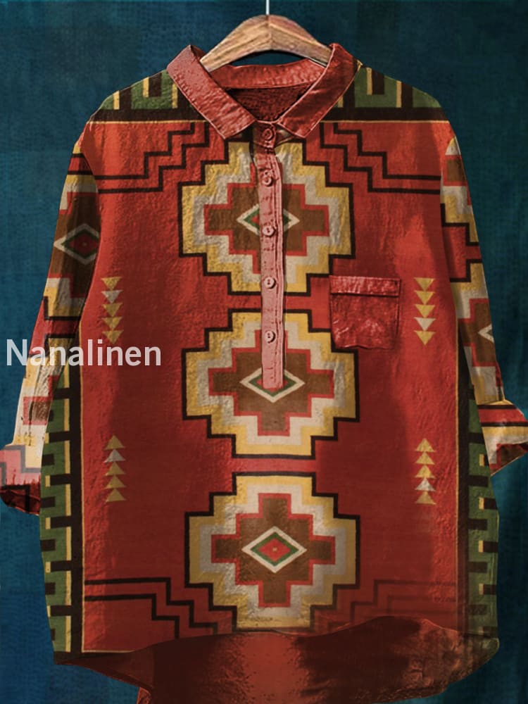 Women’s Vintage Azct Print Casual Cotton Linen Round Neck Top Colorful / S