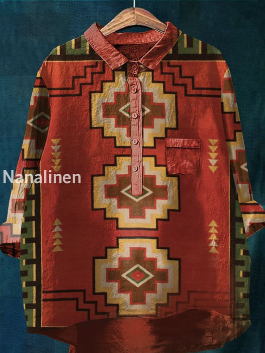 Women’s Vintage Azct Print Casual Cotton Linen Round Neck Top Colorful / S