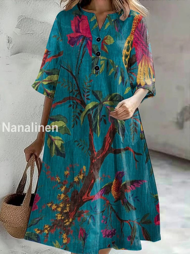 Women’s Vintage Birds Print Casual V-Neck Midi Sleeve Button Dress Colorful / S