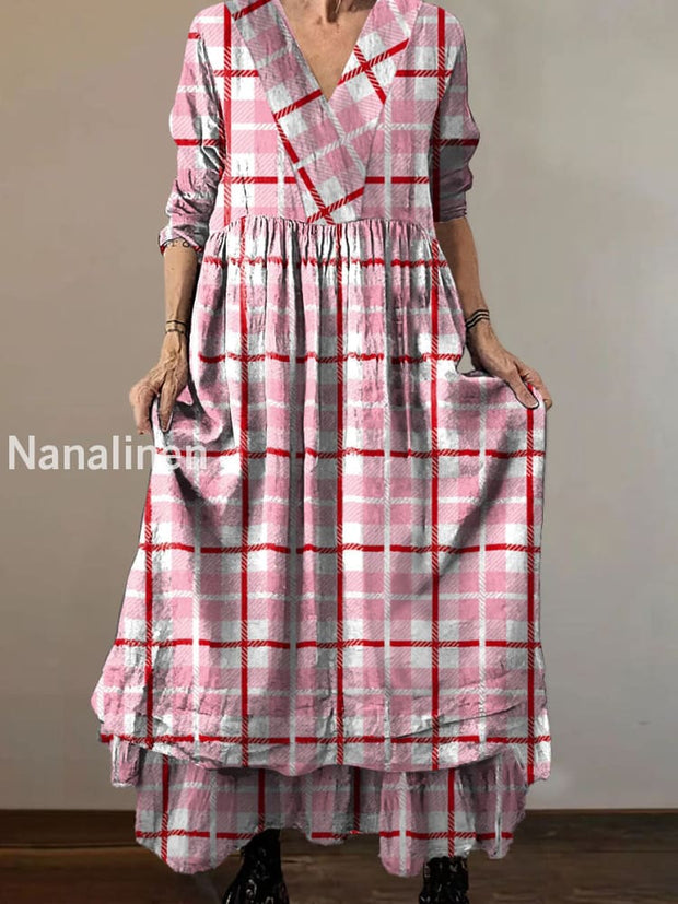 Women`s Vintage Block Print Cotton and Linen V-neck Midi Dress Pink / S