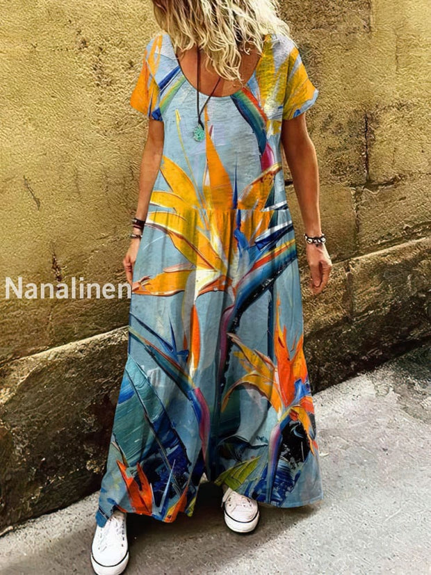 Women’s Vintage Bohemian Floral Print Art Short Sleeve Casual Dress Colorful / S