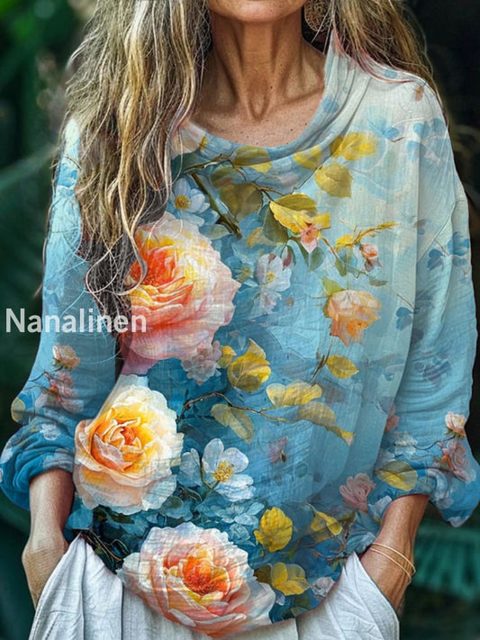 Women’s Vintage Bohemian Floral Print Casual Long Sleeve Comfortable Cotton Shirt Top A / S