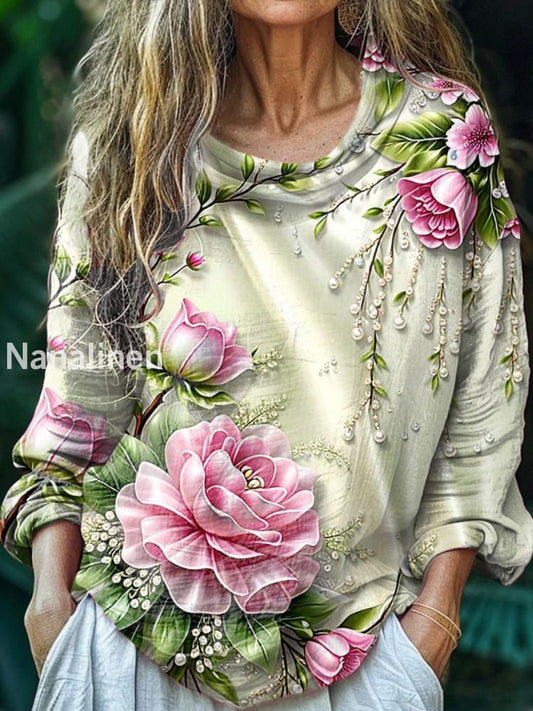 Women’s Vintage Bohemian Floral Print Casual Long Sleeve Comfortable Cotton Shirt Top A / S