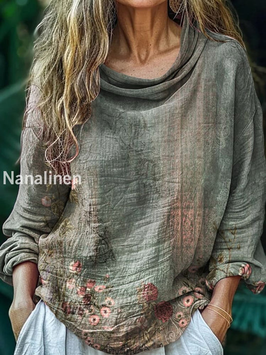 Women’s Vintage Bohemian Floral Print Casual Long Sleeve Comfortable Cotton Shirt Top A / S