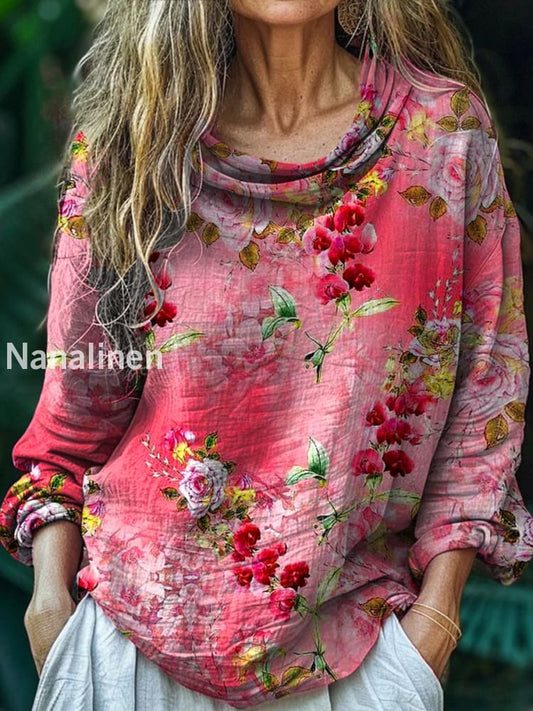 Women’s Vintage Bohemian Floral Print Casual Long Sleeve Comfortable Cotton Shirt Top A / S