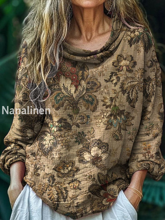Women’s Vintage Bohemian Floral Print Casual Long Sleeve Comfortable Cotton Shirt Top A / S