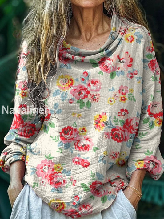 Women’s Vintage Bohemian Floral Print Casual Long Sleeve Comfortable Cotton Shirt Top A / S