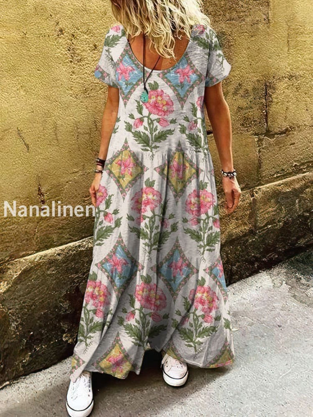 Women’s Vintage Bohemian Flowers Print Art Short Sleeve Casual Dress Colorful / S