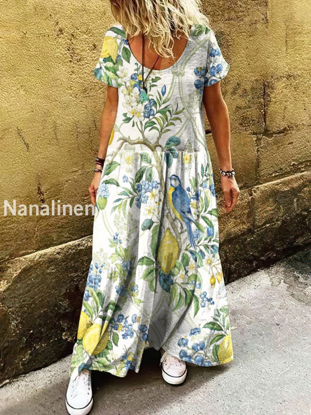 Women’s Vintage Bohemian Parrot Flowers Print Art Short Sleeve Casual Dress Colorful / S