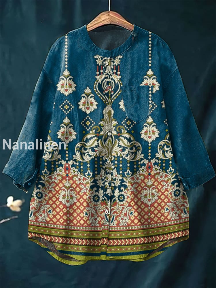 Women’s Vintage Boho Art Print Casual Cotton Linen Round Neck Top Colorful / S
