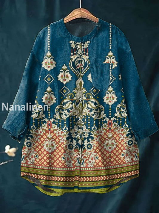 Women’s Vintage Boho Art Print Casual Cotton Linen Round Neck Top Colorful / S