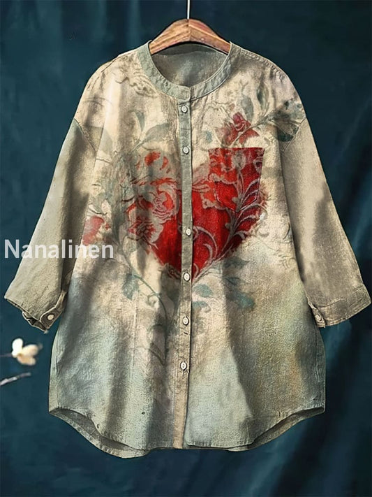 Women’s Vintage Boho Art Print Casual Cotton Linen Round Neck Top Colorful / S