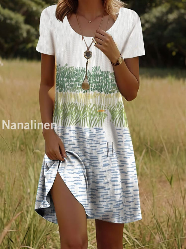Women`s Vintage Boho Bird Print Cotton Casual Midi Dress Colorful / S